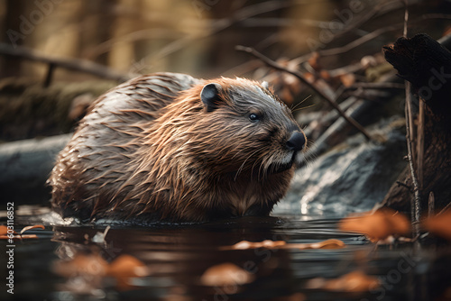 Beaver in nature. Generative AI © PIRMYN