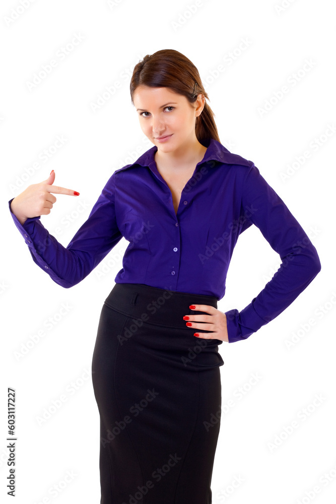 Friendly young business woman pointing at herself - the chosen one Friendly young business woman pointing at herself - the chosen one