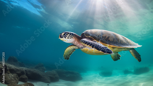 A turtle swimming in the ocean with the sun shining on it. World Turtle Day. © 92ashrafsoomro