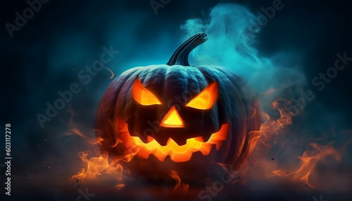 Happy Halloween. pumpkin poster with scary face. with a fantastic background. generative ai © neng kokom komala
