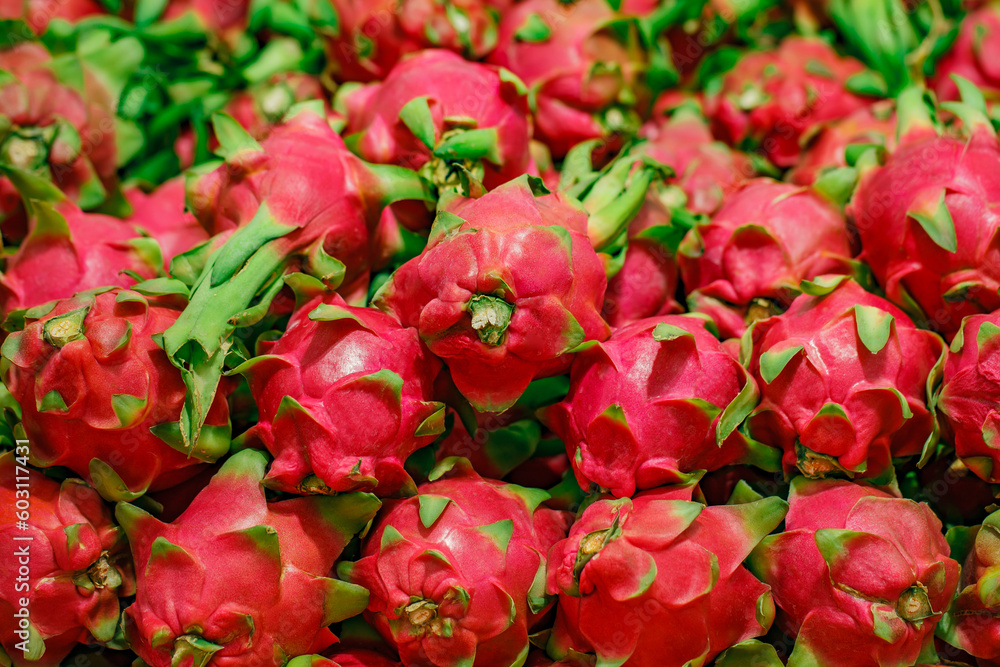 Dragon Fruit whole in bulk on market, selective focus Dragon Fruit whole in bulk on market, selective focus