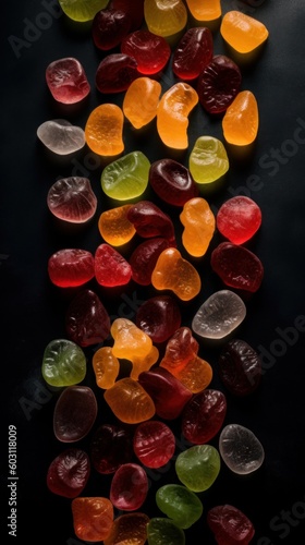 Sweet Fruit Gummies Candy Photorealistic Vertical Background. Sweet Dessert From Confectionery. Ai Generated Lifelike Background with Delicious Flavory Fruit Gummies Candy. Generative AI