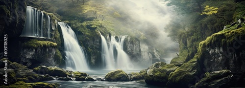 a waterfall in the middle of a lush green forest  a detailed matte painting  romanticism  magical white fog  mountains  generative ai