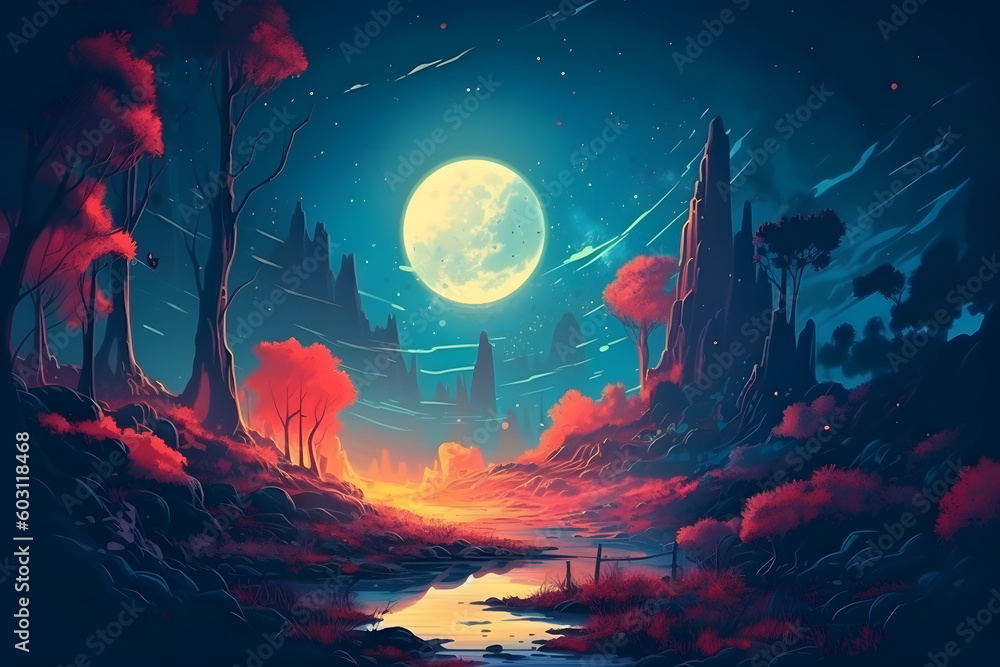 Beautiful landscape under the moon. Generative AI