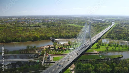 Wallpaper Mural Long pylon bridge spanning Oder river against sunny Wroclaw. Cars drive on cable-stayed Redzinski Bridge among scenic city parks aerial view Torontodigital.ca
