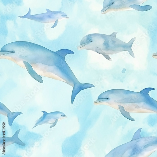 Cute seamless pattern hand drawn in watercolor of dolphins on a pastel baby blue background perfect for childrens clothes / apparel printing, poster design, wallpapers, scrapbooking, etc.