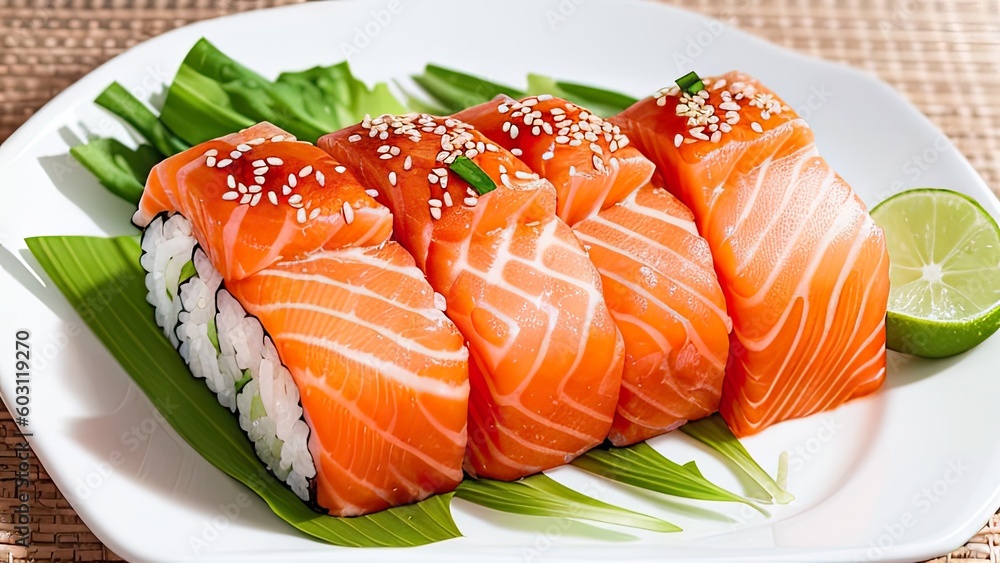 A plate of salmon sushi. Sushi pieces. Sushi rolls. Japanese Yummy Food. Seafood. Generative AI