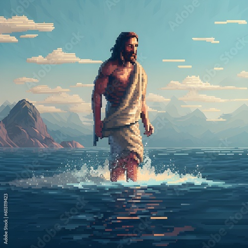 christ walking on water  jesus walk on water sea of galilee  pixel art  pixel art style  generative ai