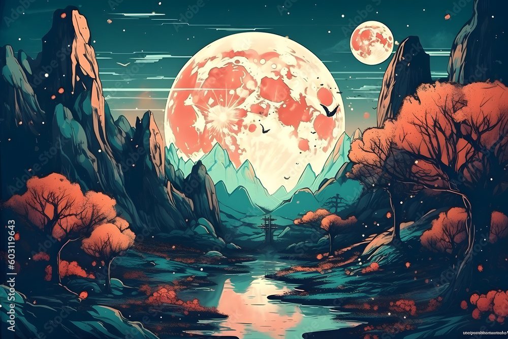 Obraz premium Beautiful landscape under the moon. Generative AI