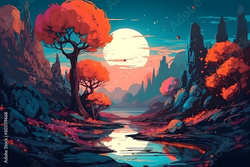 Landscape under the moon  illustrationo. Generative AI