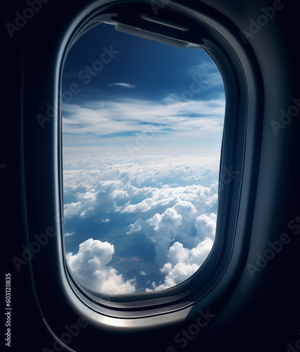 Beautiful sky view from airplane window. AI generated image.