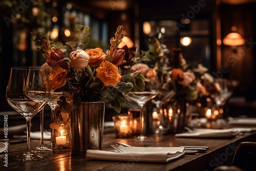 Elegant autumn table setting in a restaurant Thanksgiving dinner  generative ai  fall holiday