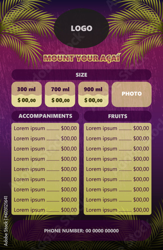 Acai menu with purple background and coconut leaves.