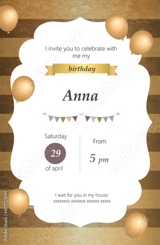 Elegant birthday invitation with golden background and ballons.