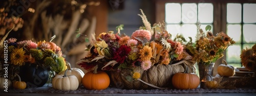 Autumn themed outdoor dinner, banquet, generative ai, Thanksgiving eve