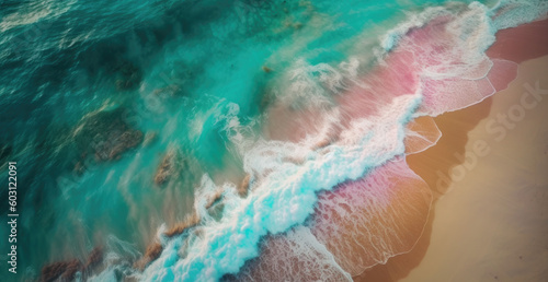 Top down shot of splashing white waves in the ocean. Generative AI