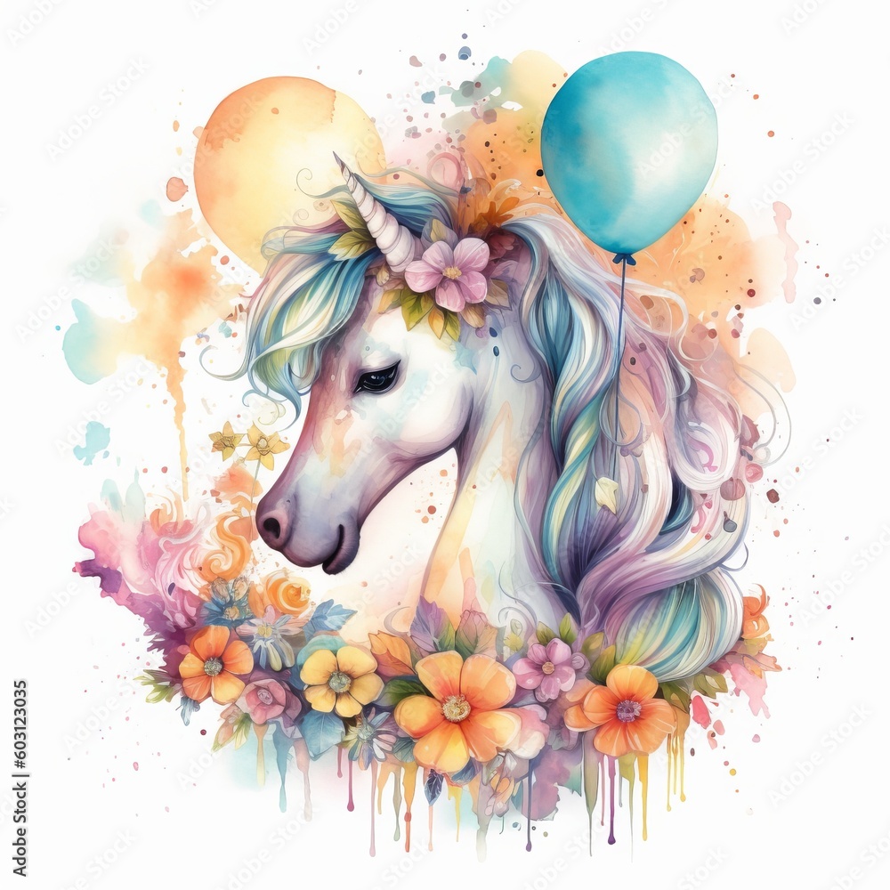 a watercolor painting of a unicorn with balloons  created with Generative AI technology