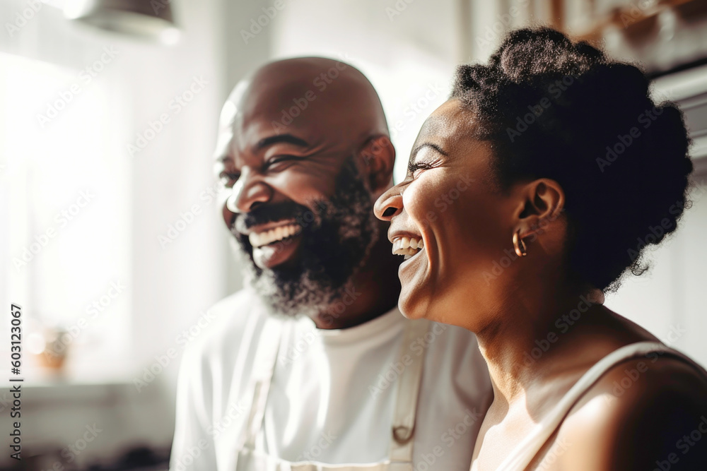 Black couple laughing while cooking together in kitchen at home. Black couple laughing while cooking together in kitchen at home.