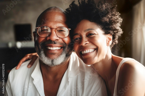 Portrait of loving mature Black couple smiling. Generative AI.