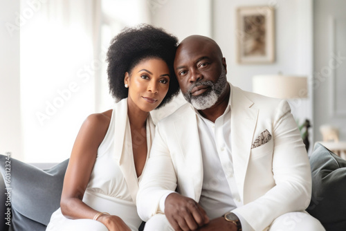 Portrait of wealthy mature Black couple in luxury home. 