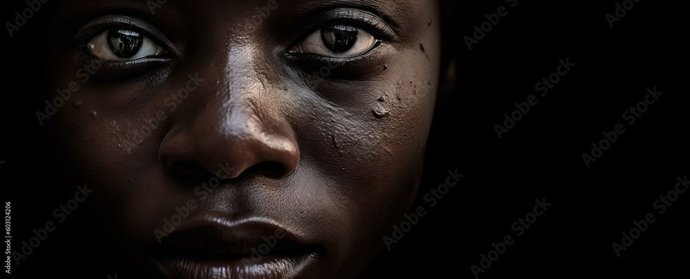 Generative AI, Sorrowful Expression. Captivating Portrait of a Dark-Skinned Individual with Sad Eyes, Nose, and Lips on a Black Background. Generative AI. Generative AI, Sorrowful Expression. Captivating Portrait of a Dark-Skinned Individual with Sad Eyes, Nose, and Lips on a Black Background. Generative AI.