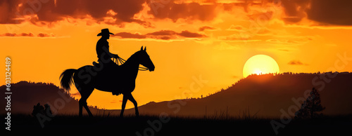Cowboy riding a horse into sunset  only silhouette visible against orange sky. Wide banner with space for text. Generative AI