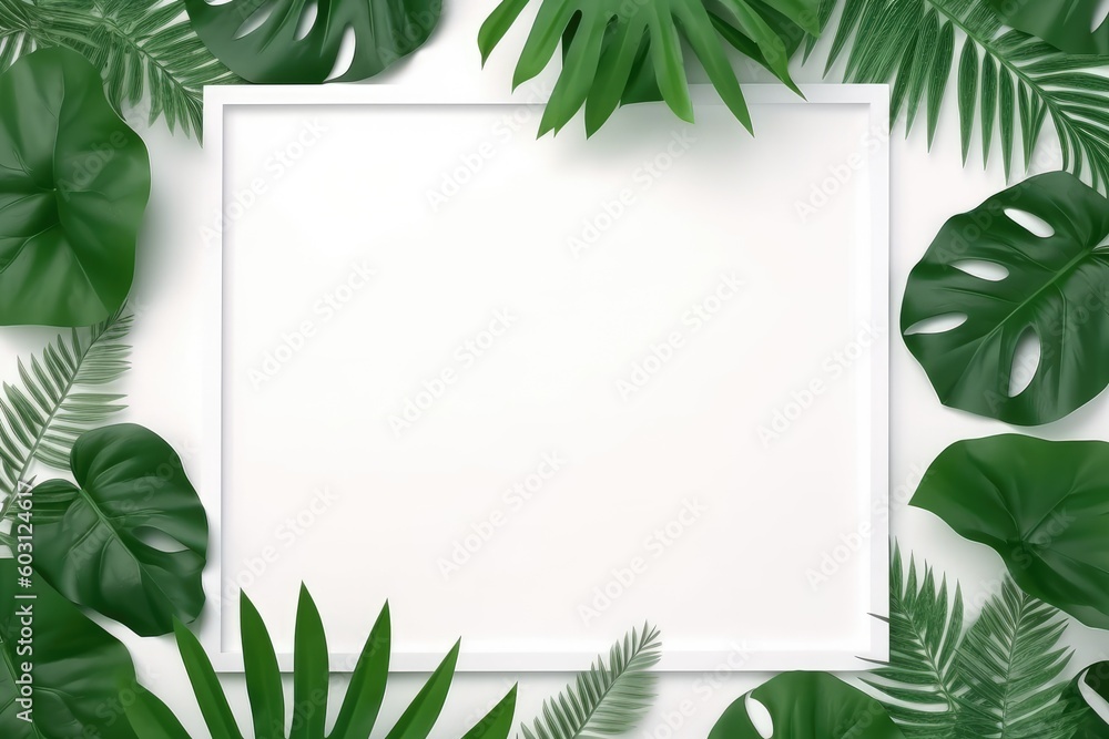 white square frame surrounded by green leaves, perfect for invitations or borders Generative AI