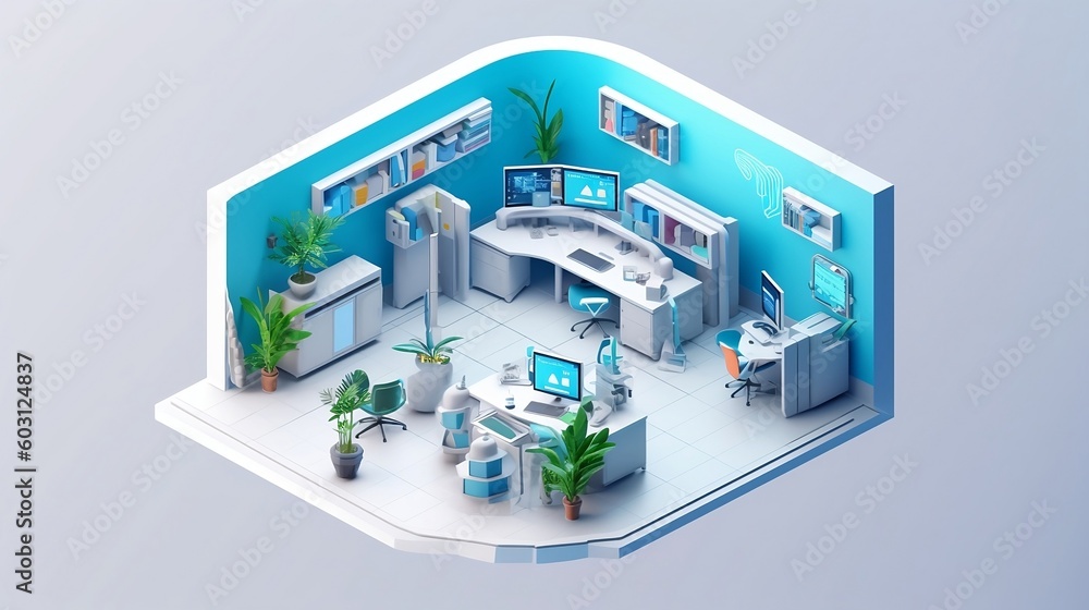 Blue and white office isometric Generative AI Blue and white office isometric Generative AI