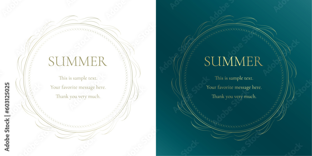 素材_フレームのセット_太陽と海と空をモチーフにした夏の飾り枠。ゴールドの高級感ある囲みのデザイン