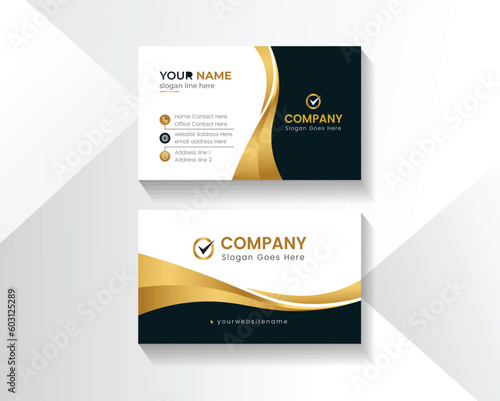 Modern black gold business card print templates. Personal visiting card with company logo. Vector illustration. Stationery design with simple modern luxury elegant abstract pattern background