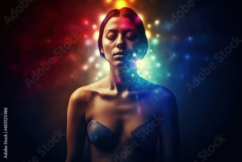 Pacifying spirituality Concept of meditation and spiritual practice, expanding of consciousness, chakras and astral body activation, mystical inspiration image, chakra human. Generative AI