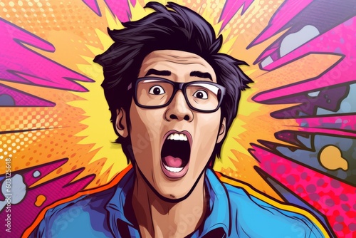 Energetic Asian Male Shouts on Colorful Pop Art Background, Generative AI