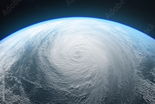 Cinematic shot of planet earth globe cyclone on space background. photo