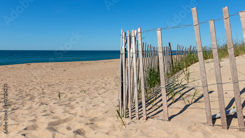 Fototapeta Naklejka Na Ścianę i Meble -  sand dunes and fence with ocean background