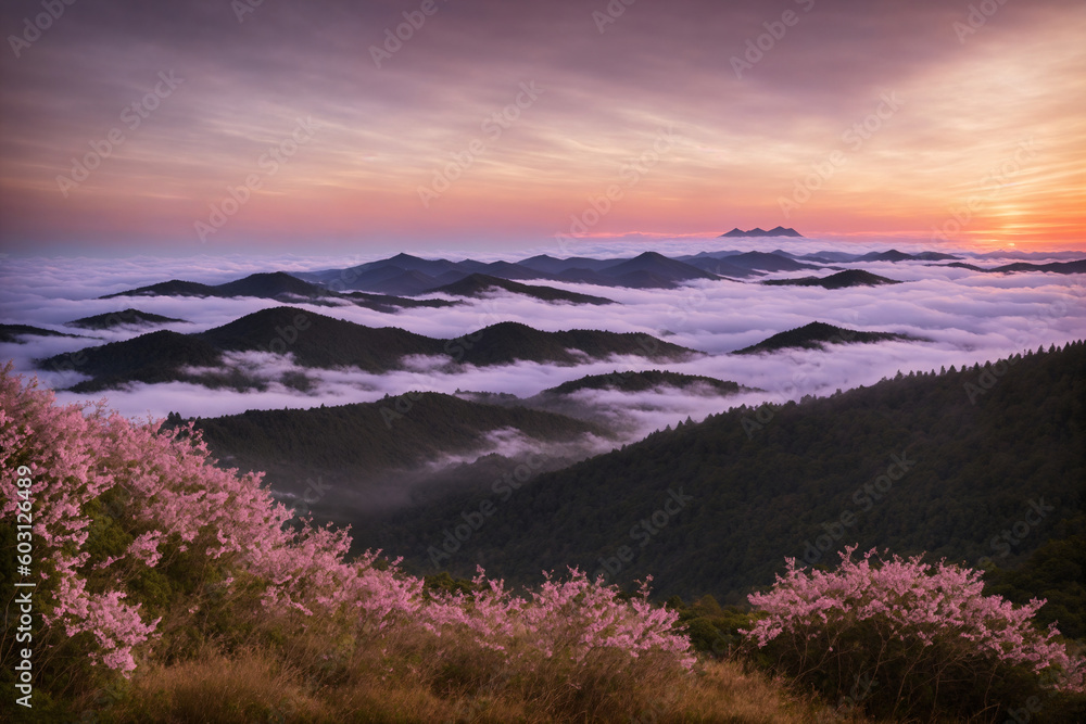 Cherry blossoms, a beautiful landscape with a view of the mountain and a misty forest. Generative AI.