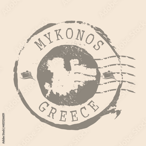 Stamp Postal of Mykonos. Map Silhouette rubber Seal.  Design Retro Travel. Seal  Map Mykonos of Greece grunge  for your design.  EPS10