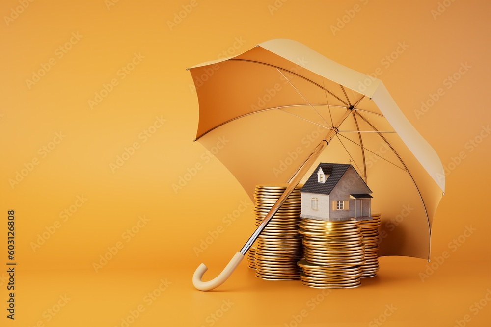 Insurance when buying a home. coins and a house under an umbrella on an orange background. 3D render - obrazy, fototapety, plakaty 