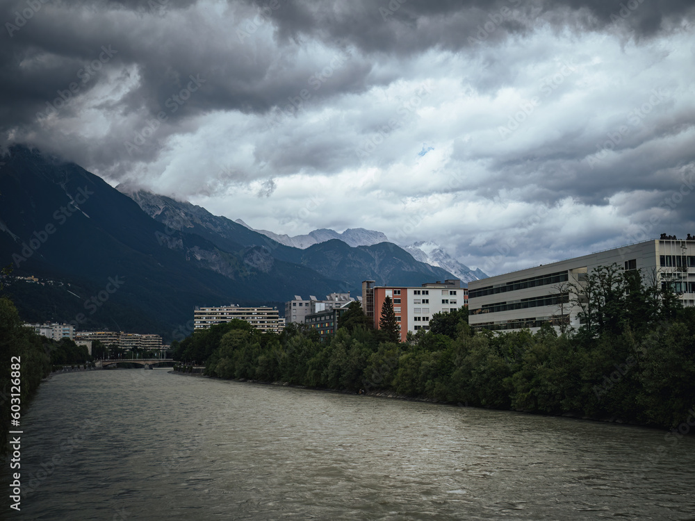 Buildings of the Innsbruck University and Clinic modern architecture on the riverbank