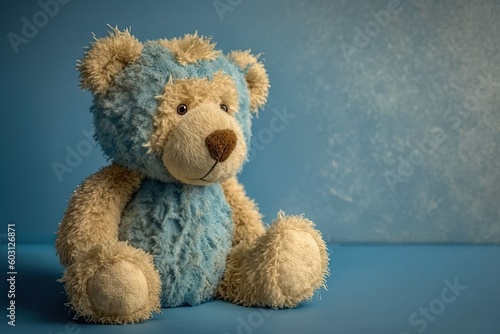 cute teddy bear sitting on a blue background Generative AI