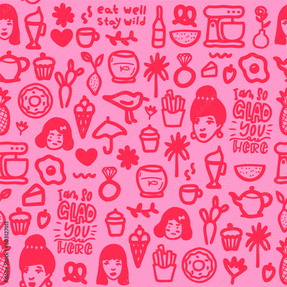 Repeating doodles pattern. Editable vector illustration file. Hand-drawn lifestyle background. Repeating doodles pattern. Editable vector illustration file. Hand-drawn lifestyle background.
