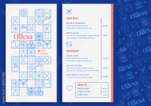 Restaurant menu design template, with food icons and geometric elements.