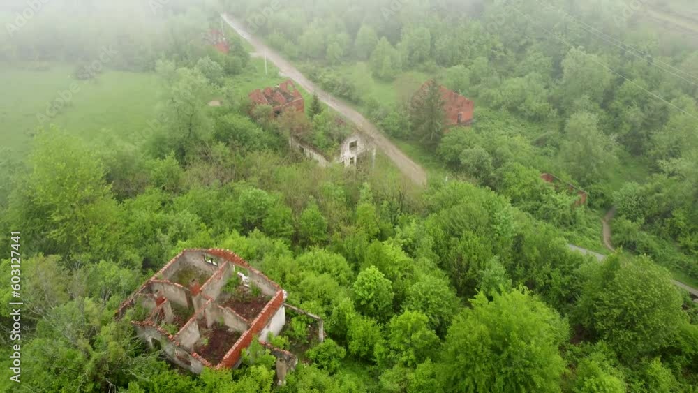 Destroyed houses in village as war aftermath, aerial drone view. Houses
