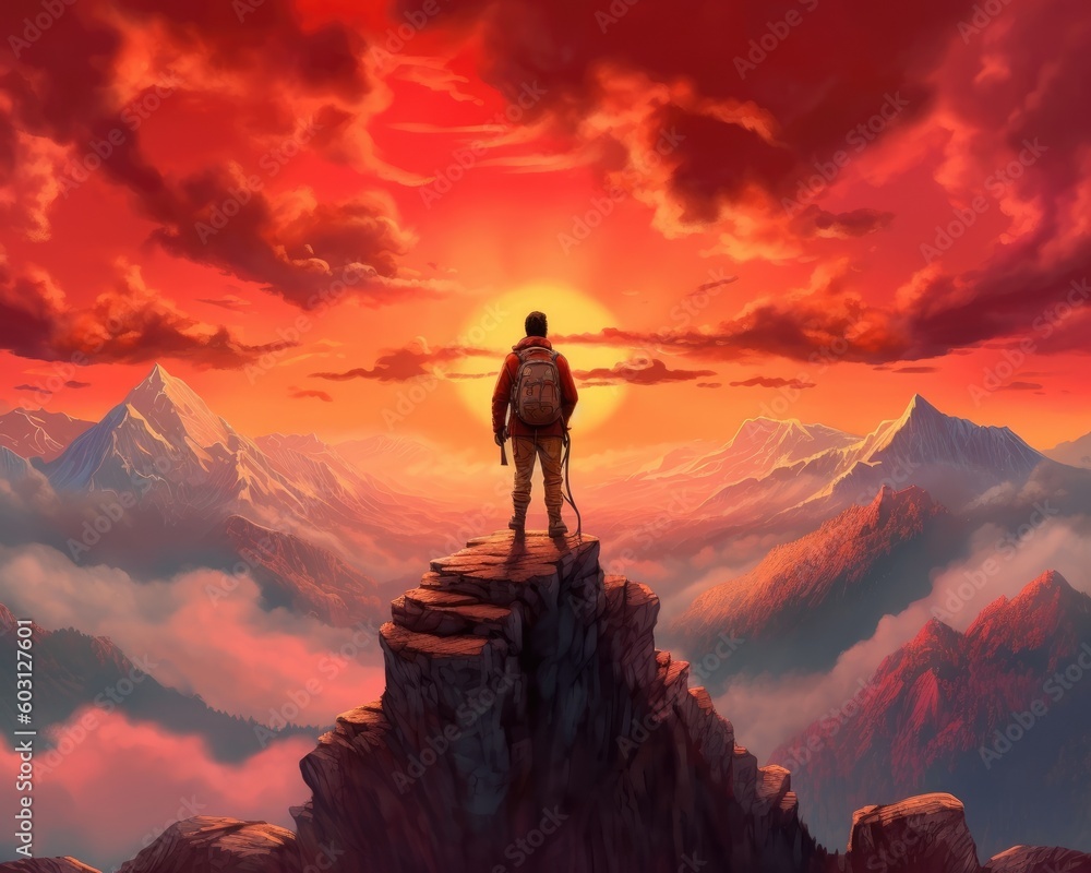 A man with backpack watches a red sunset on mountain. (Generative AI)