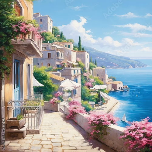 Generative AI - Illustration of a Mediterranean Village by the Sea