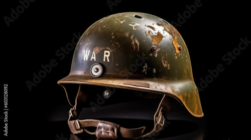 Combat Helmet Bearing 'WAR' Text, Potent Symbolic Representation, 16:9 Aspect Ratio, Generative AI Illustration