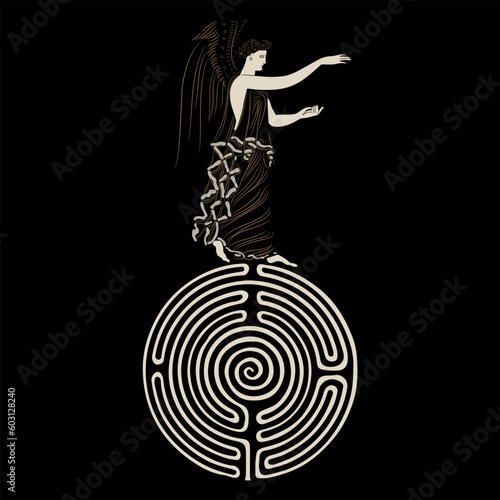 Ancient Greek goddess Nike standing on top of a round spiral maze or labyrinth symbol. Winged antique angel. On black background.