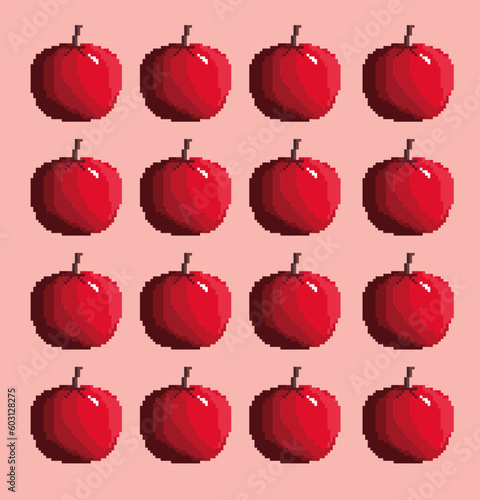 Template and background design of red apples, fruit. Pixel art design, vector, graphic illustration