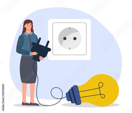Woman connect idea. Young girl inserts plug from light bulb into socket. Brainstorming and insight, creative personality. Mental abilities and capabilities. Cartoon flat vector illustration