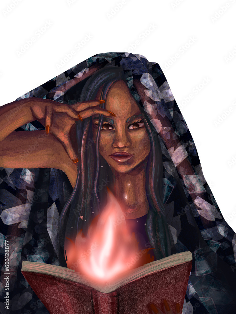 Witch in a robe conjures fire over a book. Hand drawn illustration of a ...