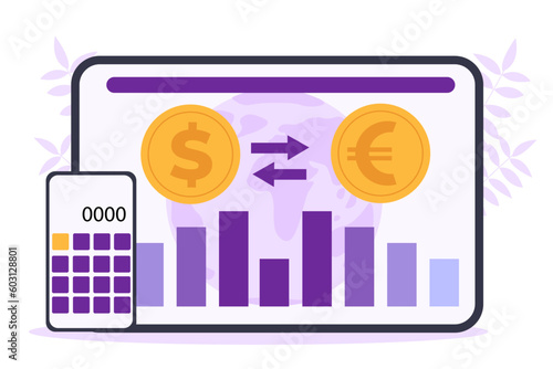 Currency exchange concept. Calculator next to dollar and euro at background of graphs and charts. Trading and investing in currency, coins, stock market. Cartoon flat vector illustration